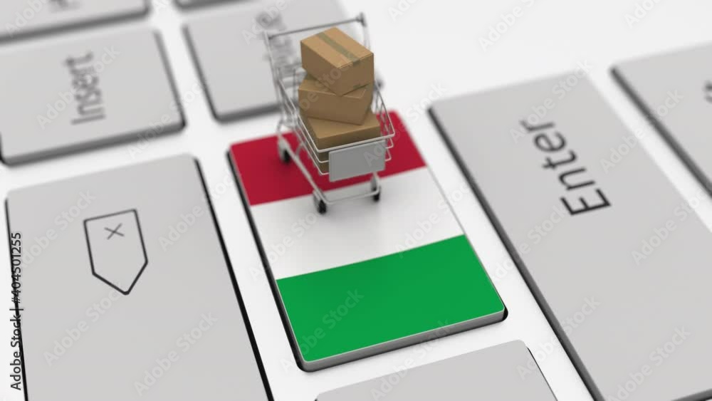 Poster shopping cart on the keyboard key with flag of italy. looping ecommerce related 3d animation