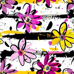 Gardinen floral seamless pattern background, with flowers, stripes, paint strokes and splashes © Kirsten Hinte