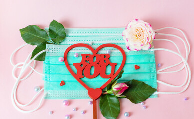 wooden colorful letters For you and delicate bouquet of bushy peony roses with pearls and face...