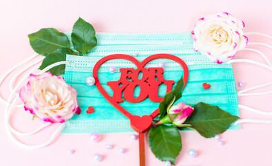 wooden colorful letters For you and delicate bouquet of bushy peony roses with pearls and face...