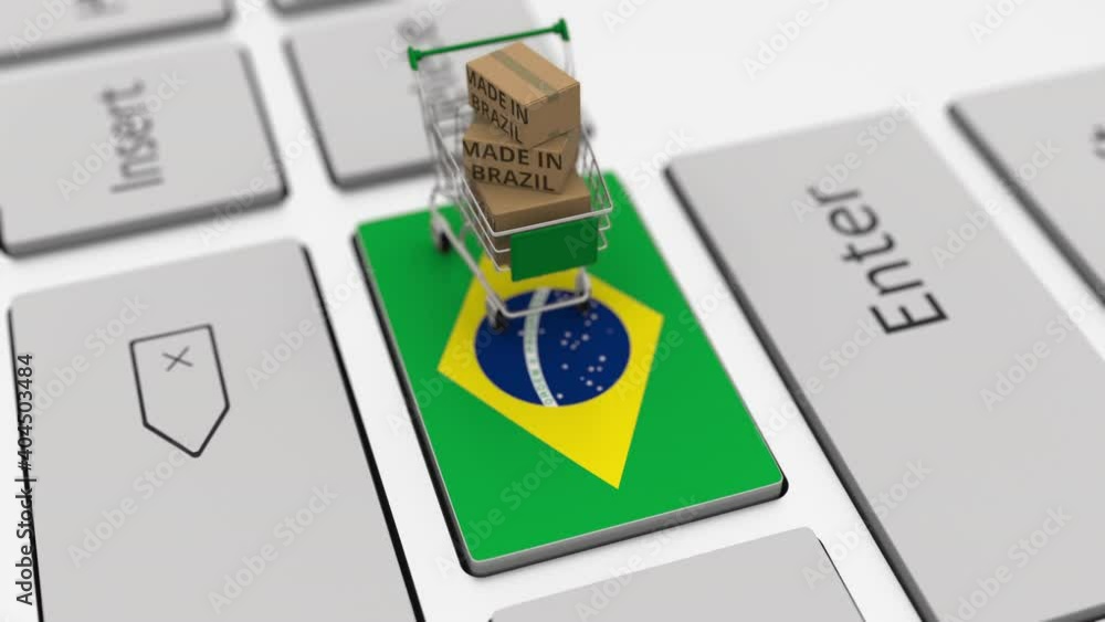 Poster boxes with made in brazil text and shopping cart on the keyboard. conceptual looping 3d animation