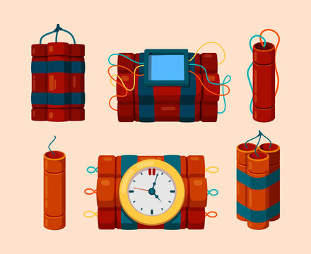 Dynamite. Dangerous symbols red dynamite sticks with timer for bomb explosion vector cartoon illustrations. Explosive dynamite, gunpowder dangerous