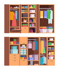 Wardrobe. Open and closed doors of home storage for clothes interior organized wardrobe vector set. Open storage interior, closet and shelf design illustration