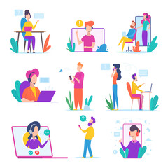 Customer service. Supporting headphones agents speaking phone and helping clients virtual business talk vector hotline media. Operator and agent headphone, person assistance online illustration