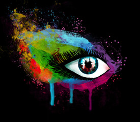 abstract beautiful female eye in bright colors on a black background