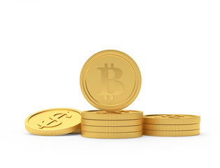 Bitcoin gold coin on a heap of dollar coins isolated on white background. 3d illustration