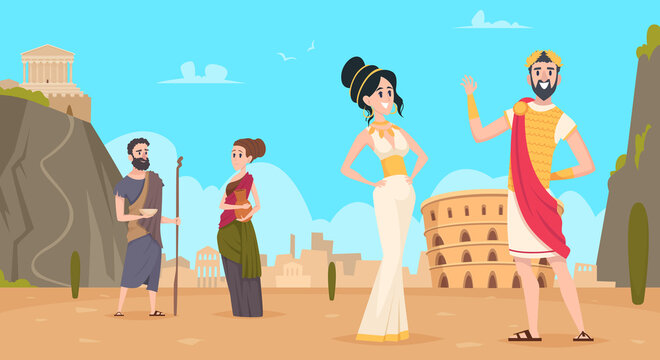 Rome background. Traditional historical landscape with citizens in authentic clothes exact vector cartoon rome people. Illustration roman citizen and greece, clothing senator antique