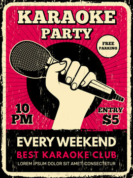Karaoke party poster. Music club placard with microphone silhouettes recent vector flyer template. Karaoke music poster party, musical microphone illustration