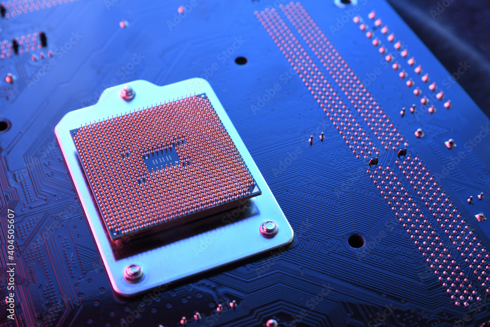 Aufkleber computer cpu processor chip on circuit board ,motherboard background. close-up. with red-blue lighti