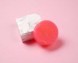 box beauty soap for your design, Mock up easily give your brand of the soap. Close up of a beauty accessories. Circular pink soap isolated on white background. Soap bar top view. Mockup for design
