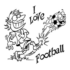 Soccer player kicking a ball with a face flying with flames around and text I love football, sport joke, black and white cartoon