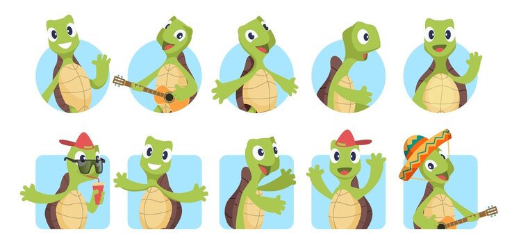 Cartoon turtles avatars. Greetings animal, turtle say hello. Cute portfolio image, funny kids vector stickers set. Animal turtle, tortoise cheerful illustration