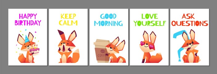 Wild cute fox cards. Positive cartoon animal banners, birthday love yourself, good morning vector flyers. Illustration postcard with animal fox baby