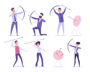 Fototapeta na wymiar Business archer. Office manager shooting to goal target or aim professional with bow and arrows exact vector characters. Illustration archery aim and focusing, shooting professional