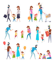 Fototapeta na wymiar Parents with kids. School kids with father and mother playing lovely hugs exact vector characters. Mother father with childen playing illustration