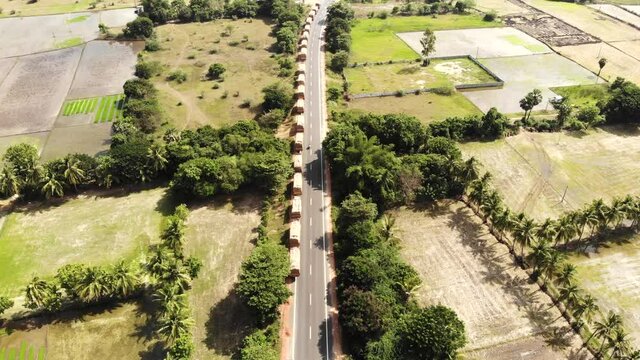 4k Drone footage of trucks carrying rice packed in sacks standing in queue to sell them in Thanjavur Tanjore, Tamil Nadu, India