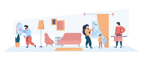 Family cleaning home interior. Mother father and kids washing room children helping parents garish vector person. Housework family, domestic cleaning illustration