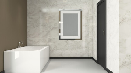 Scandinavian bathroom, classic  vintage interior design. 3D rendering.. Blank paintings.  Mockup.