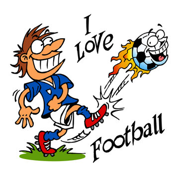 Soccer player kicking a ball with a face flying with flames around and text I love football, sport joke, color cartoon 
