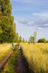 Backwards view of pair walking together with the dog by at road among field. Friendship and relationship concept