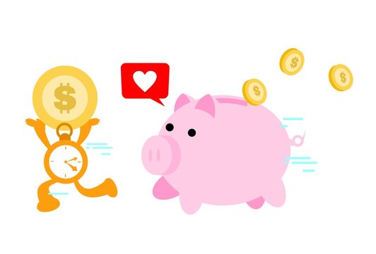 clock time pick gold coin dollar economy piggy bank cartoon doodle business flat design style vector illustration