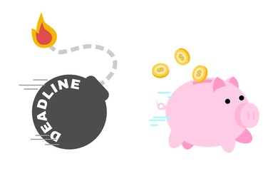 Obraz premium pink pig bank dollar coin economy run from time bomb deadline cartoon doodle flat design style vector illustration