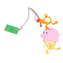 clock time fish rod bait money dollar piggy bank economy cartoon doodle vector illustration flat design style