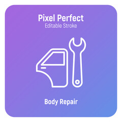 Car service: auto body repair thin line icon. Car door and wrench. Pixel perfect, editable stroke. Vector illustration.