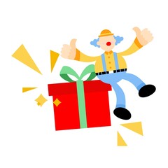 cartoon happy clown and big gift box doodle vector illustration flat design style