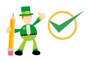happy leprechaun and green checklist cartoon doodle flat design style vector illustration 