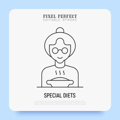 Special diet for elderly person in nursery home. Super thin line icon. Grandmother in eyeglasses with bowl of hot food. Pixel perfect, editable stroke. Vector illustration.