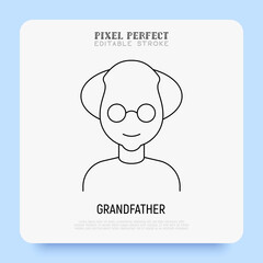 Grandfather in eyeglasses. Elderly people. Super thin line icon. Pixel perfect, editable stroke. Vector illustration.