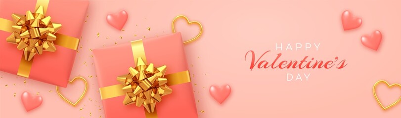 Happy Valentine's Day banner template. Realistic gift boxes with golden bow, and pink balloons heart and gold hearts with glitter texture and confetti on pink background. Top view. Vector illustration