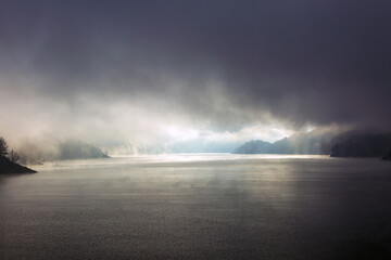 Naklejka na ściany i meble Salto Lake in Rieti. A day of fog and a landscape Great