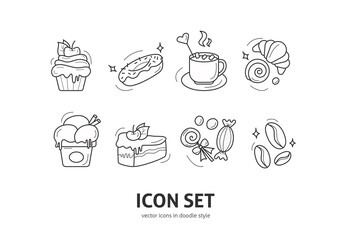 Icons set of dessert elements in doodle style. Black outline isolated on white background.  Design for greeting cards, scrapbooking, textile, wrapping paper, cafe or restaurant menu, invitations.