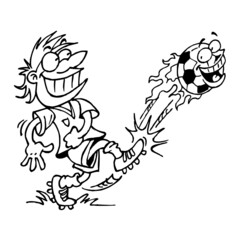 Soccer player kicking ball with face flying with flames around, sport joke, black and white cartoon