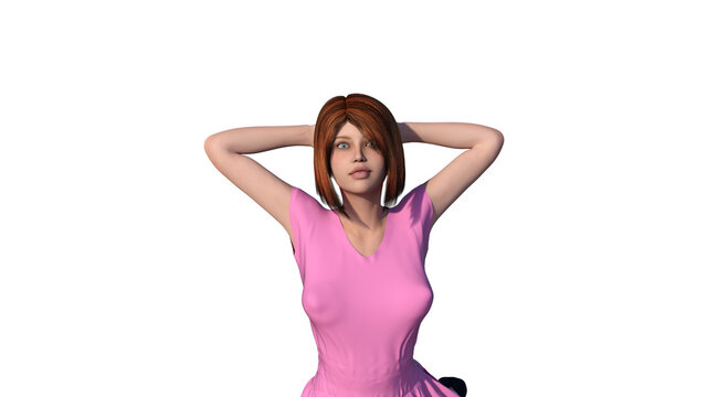 One young beautiful girl with short hair posing in a pink dress. Sits in a relaxed position with hands behind her head