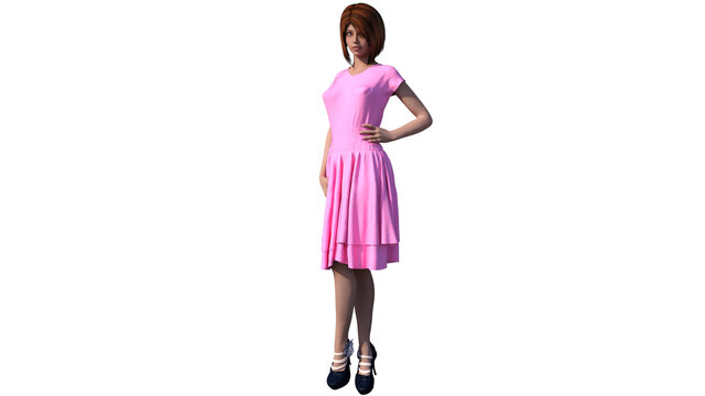 One young beautiful girl with short hair posing in a pink dress. Stands in a straight position with one hand on the hip