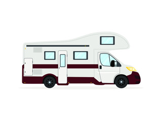 Camping trailer, travel mobile home,motor home on white color background in flat cartoon style.