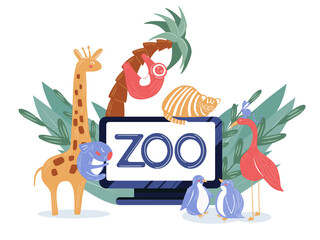 Zoo online virtual tour illustration. Animal live cam translation in laptop. Safari cartoon web banner isolated on white background. Wildlife park web landscape vector poster. Animals panorama site.