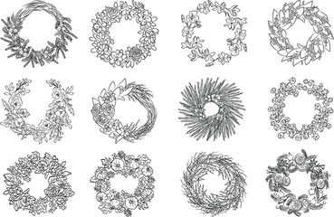 Lineart wreath vector set, Floral coloring, Twelve botanical illustrations