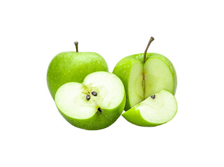 isolated green apples by half and quarter cut with clipping path on white background a fresh and testy apple fruit for healthy food and beverage ingredient