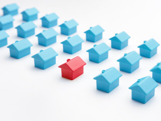 Unique house different from group of same type miniature houses. Red house model among blue toy houses on white color background. Home choice or selection property and real estate. Property marketing