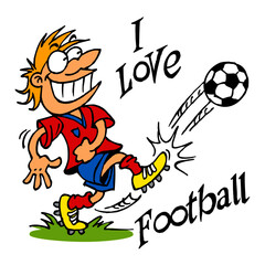 Soccer player kicks the ball and shoots a goal and text I love football, sport joke, color cartoon