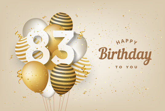 Happy 83th birthday with gold balloons greeting card background. 83 years anniversary. 83th celebrating with confetti. Vector stock	
