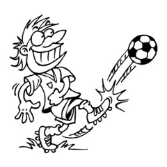 Soccer player kicks the ball and shoots a goal, sport joke, black and white cartoon