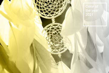 Handmade dream catcher with feathers threads and beads rope hanging. Color of the year 2021