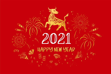 Lovely hand drawn Chinese New Year's design with fireworks, lanterns, coins, fans - great for invitations, banners, wallpapers, cover images