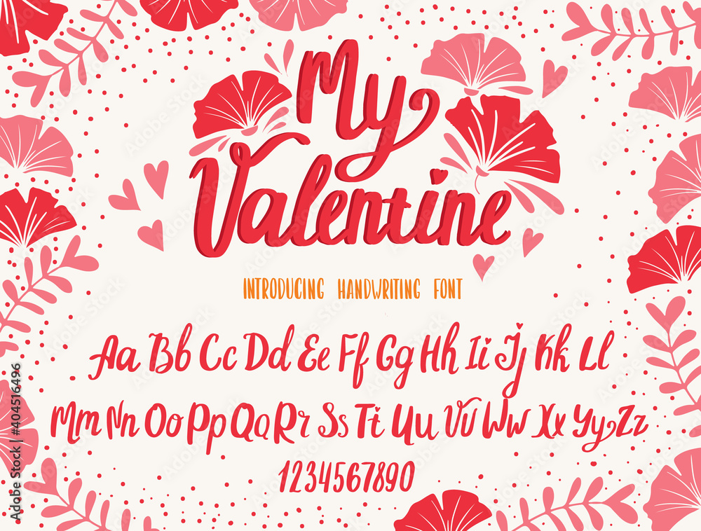 Wall mural font valentine’s day. typography alphabet with colorful cute illustrations.