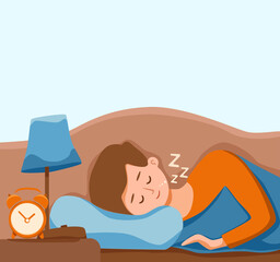 Boy kid sleep in bed at night vector illustration. Child in pajama having a sweet dream in bedroom